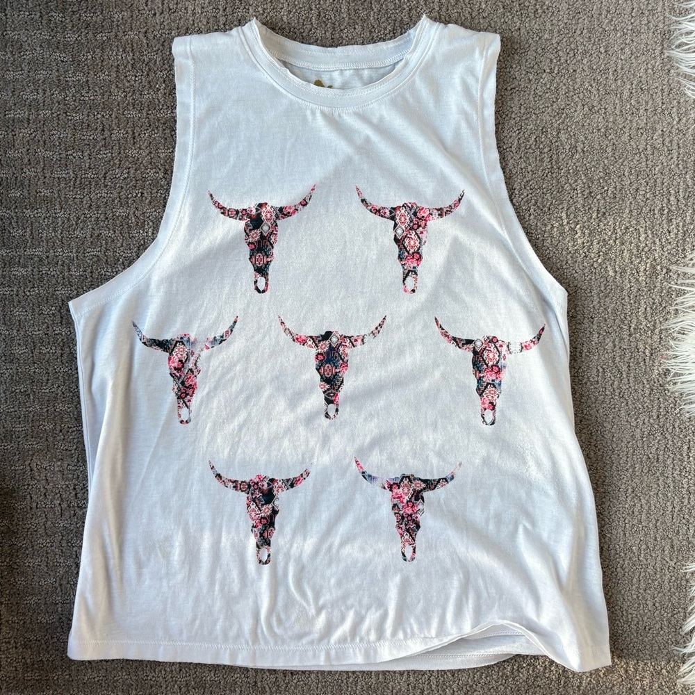 White Tank Top with Floral Bull Skulls